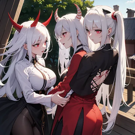 A she-devil with white hair and red eyes, slanted white skin, a long-sleeved silk shirt with black white stripes, huge breasts and a big ass with small red horns, blushing with a tree house background and with a black-haired teenage boy. man 