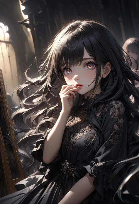 Full Body View, Elevation, Beautiful attention to detail, Beautiful lip detail, Highly detailed eyes and face, Long eyelashes, beautiful and cute young girl, Princess of the Underworld, dark表情, Depressed face, look up, Put your hand over your mouth, White ...