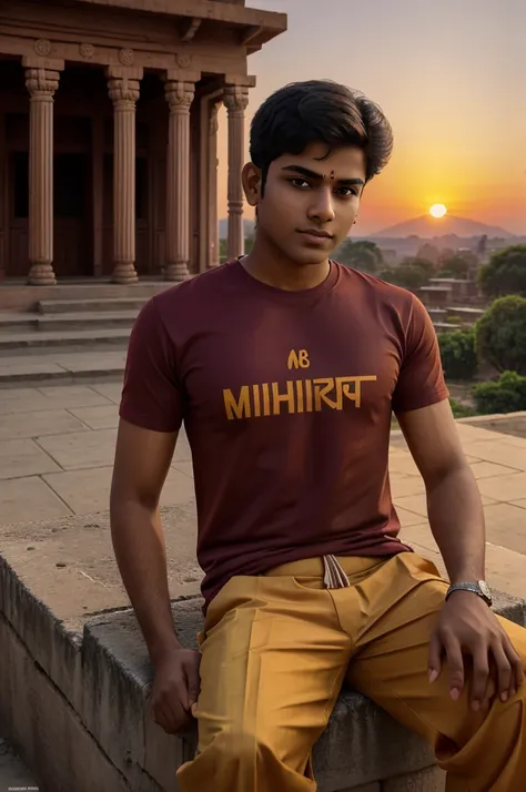 ” Create a illustration of a 18 year old boy wearing saffron color shirt and name “ M.RAJEEV ” Written on back of the shirt, sitting in front of lord ram hindu temple at sunset 3D art and looking realistic photo. ” 