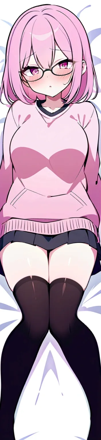 pink hair black glasses pink eyes extremely blushing a big pink sweater short black short skirt black stockings be a reserved girl her bed 