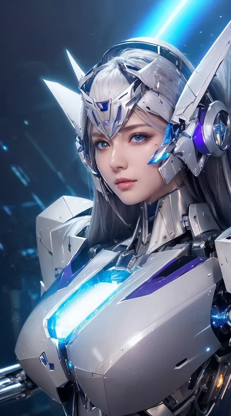 ((Extreme close up:1.6))、(((Lenses shining on both breasts:1.3)))、((A blue pillar of light emanates from both of his chests..:1.3))、break、(((Dynamic pose:1.8)))、smile、((8K)), ((32k)), ((Highest quality)), ((masterpiece)), ((超A high resolution)), ((Tmasterp...