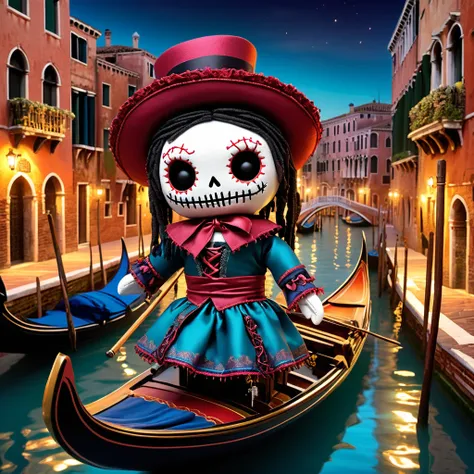 (knitted toy voodoo doll:1.5), (Voodoo in Venetian Gondola:1.3), (Clothing: gondolier attire:1.0), (Accessories: enchanted gondola pole, glowing Venetian mask:1.1), (background: picturesque Venice canals with floating gondolas, glowing waters, and historic...