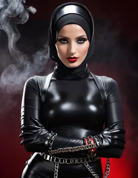 Very thin. Naked sexy model. in bdsm style. Latex hijab. Shiny steel bracelets on top of black gloves. and Shiny steel bracelet necklaces are on her wrists. She wears a leather harness over her head and face. Leather garters on his feet.. Red, thick smoke ...