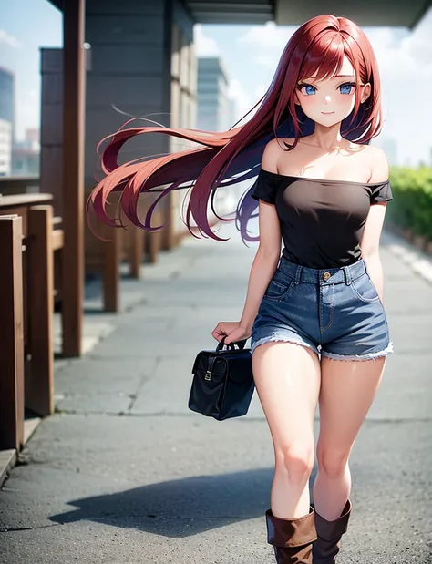 sexy young girl, long hair strong red hair, de blue eyes, Short white off-the-shoulder shirt, bright blue short jean shorts, mirada happy, happy, short brown boots, walking, con su hija pequeña de cabello gris de blue eyes, little daughter gray hair, blue ...