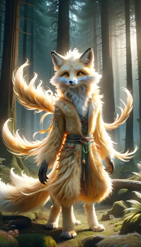 High resolution、8K、Standing in a moonlit forest clearing、The majestic and mysterious white-faced, golden-haired, nine-tailed fox。This mysterious fox、It has nine large flowing tails, each of which emits a faint golden light.、Her body glitters softly in the ...