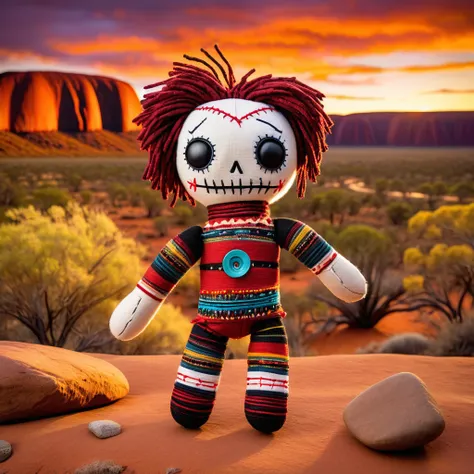 (knitted toy voodoo doll:1.5), (Voodoo in Australian Outback:1.3), (Clothing: outback attire:1.0), (Accessories: enchanted boomerang, glowing didgeridoo:1.1), (background: rugged Australian outback with floating rocks, glowing Uluru, and unique wildlife:1....