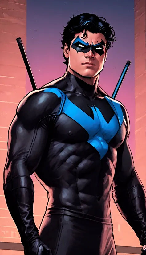 young handsome muscle nightwing, small brown pink gradient penis:1.5 with glans and heavy testicles, arrogant rough face