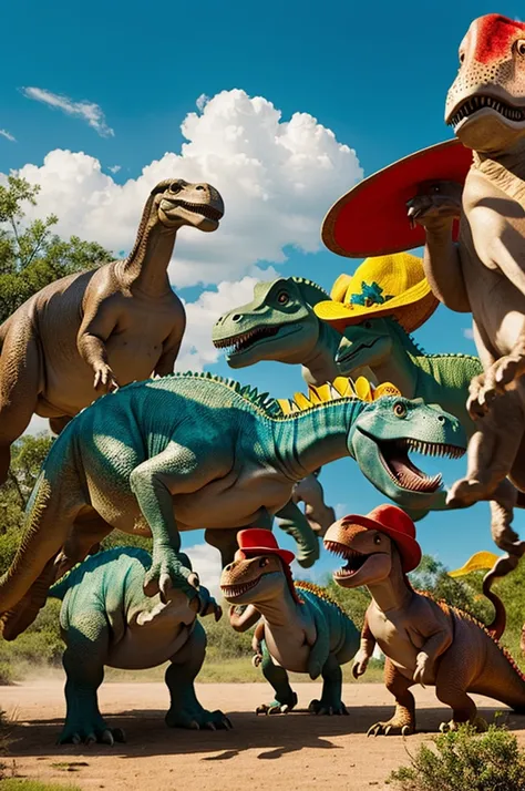 Dinosaurs with Mexican hats 