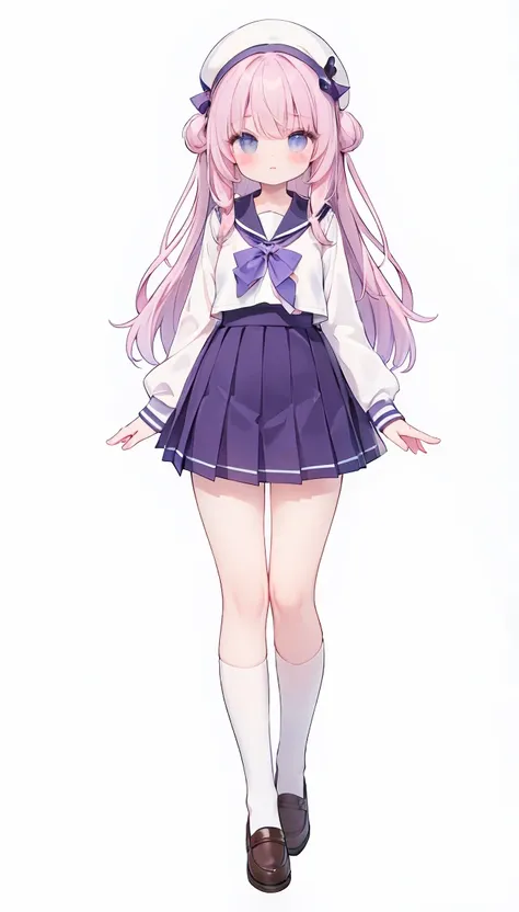 masterpiece, best quality, high resolution, white simple background, standing, slim waist, cute, sailor uniform, purple skirt, knee high long socks, (Pastel Colors: 1.3), full body