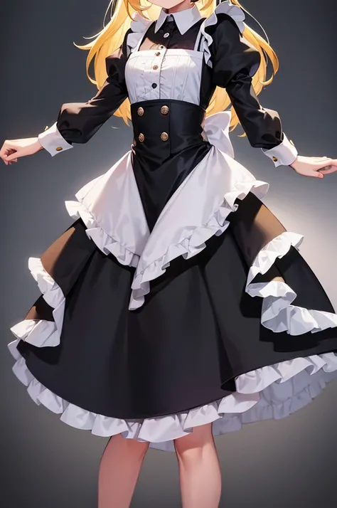 ((Maid)),Frills,Cute little ,Tiny ,Small girl,,Childish face, Very fine clean face,Top quality,Straight Hair,Yellow hair,(Dark Room), Subtle light, Natural light,Soft lighting,Light from directly behind, (Are standing),Front view,Black background