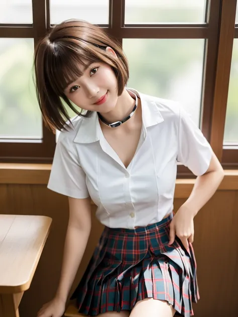 1girl, Chinese girl, solo, facing viewer, smile, 8k, masterpiece, (((short brown hair, bangs))), (((white shirt with collar))), short sleeves, ((pleated tartan skirt)), posing for a picture, highly detailed face and skin texture, detailed eyes, realistic, ...