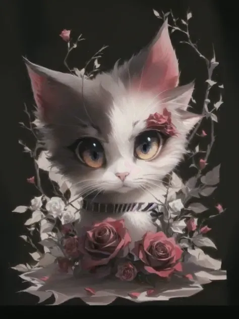 Close-up of a cat，There is a red rose beside me, Animated visual of cute cats, Anime cat, Cat design, author：Dom Qwek, realistic Anime cat, Lovely and detailed digital art, Lovely artwork, 非常美丽可爱的 author：Lambert Doomer, Cute digital art, Furry cat T-shirt ...