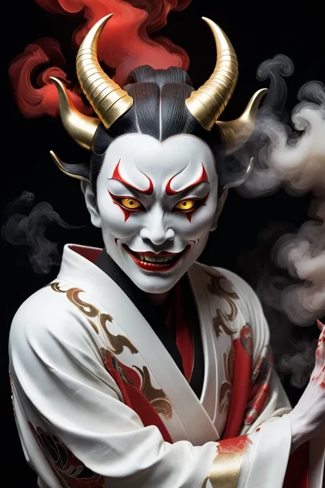 "Hannya mask, demonic female spirit, white porcelain-like texture, golden eyes, horns, sharp teeth, floating in darkness, surrounded by swirling red and black smoke, kabuki theatre inspired"
