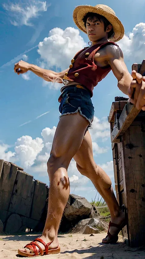 a hyper-realistic live-action depiction of monkey d. luffy from one piece, in the middle of performing his iconic "gomu gomu no ...