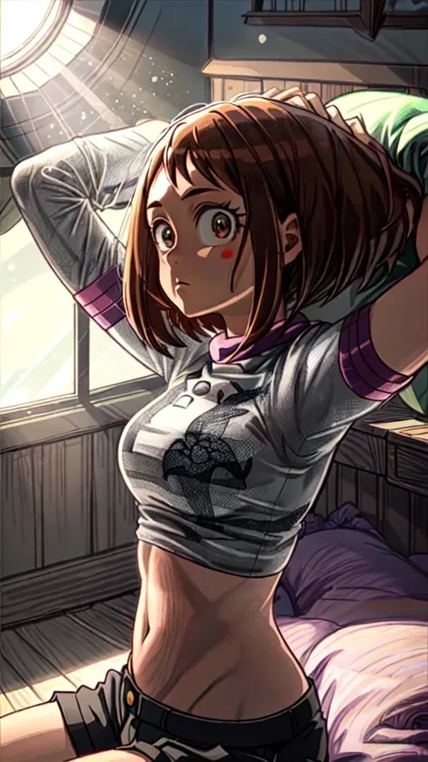 [ochako uraraka], [Boku no hero academia], ((masterpiece)), ((HD)), ((high quality)), ((solo portrait)), ((side view)), ((upper body)), ((anime)), ((Kohei Horikoshi)), ((detailed shading)), ((cel shading)), ((intricate details)), {ochako, (rosy cheeks), (b...