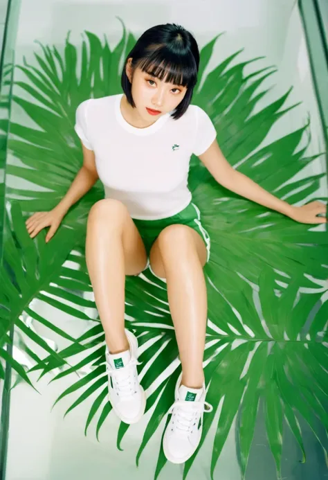 A photo of an extremely beautiful Asian girl ,wearing summer wear taken from a high angle shot, with short hair bangs, white sneakers, studio lighting in the style of Kodak film stock,, , reflection, Leaf image taken with a macro lens,Create a highly detai...