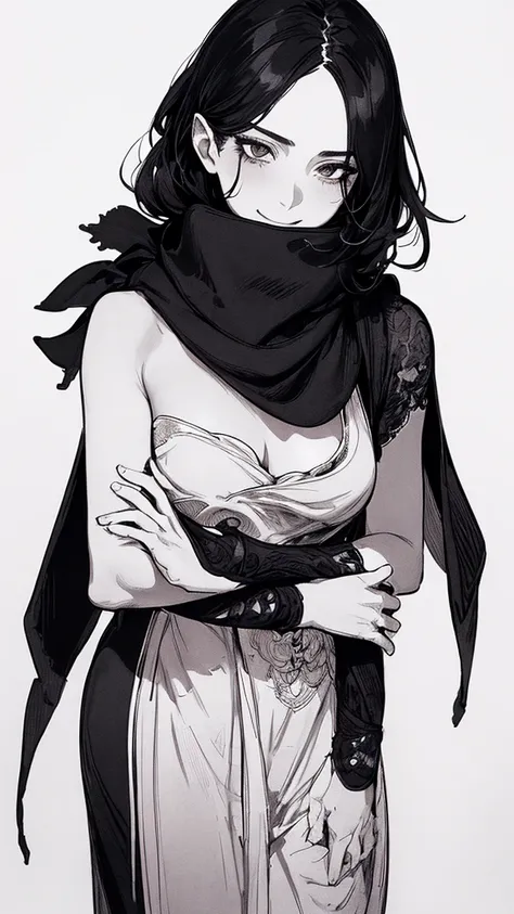 Top quality, (background details), high contrast, one very beautiful woman, detailed original illustration, functional, delicate face, ninja, black ninja costume, black hair, scarf, face hidden by hand towel, attractive, bad girl, sexy, real breasts, small...