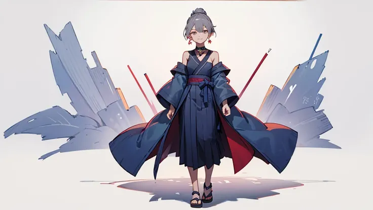 Blue Yukata、Gray Hair、Mischievous face、Choker on neck、Big earrings、The earrings are red、Arms crossed、Only the mouth is smiling、Straw sandals、Choker on right leg、Shoulders are out(whole body、Are standing、、White background)