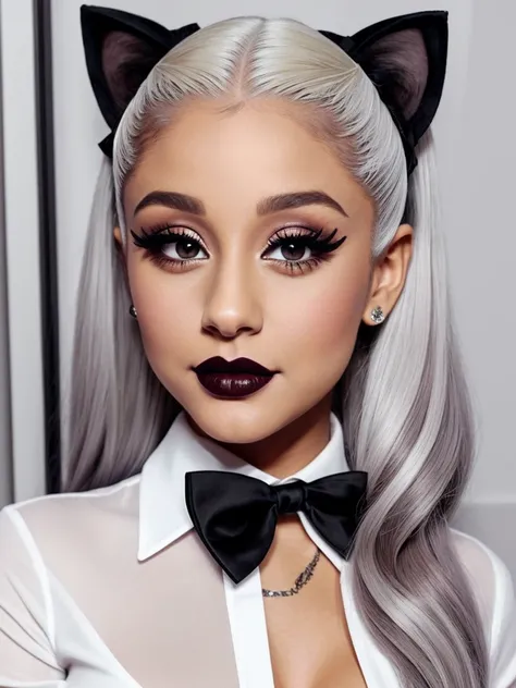 Ariana Grande, white shirt with black tie, white hair shaped like cat hair, thick long curly eyelashes, nude makeup, red and black lipstick