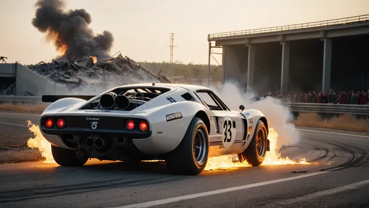 A futuristic race through a destroyed racing circuit after a nuclear explosion、Cinematic stills of a GT racing car suffering a petrol puncture。white smoke、Overtaking、Crash、Destruction and explosion、Flaming、Shallow depth of field、Vignette、Very detailed、High...