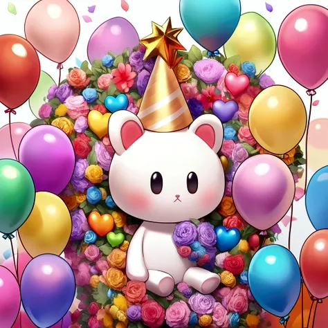 a birthday background, birthday hat, colorful balloons, colorful love balloons,(no human,no animal,no living things)