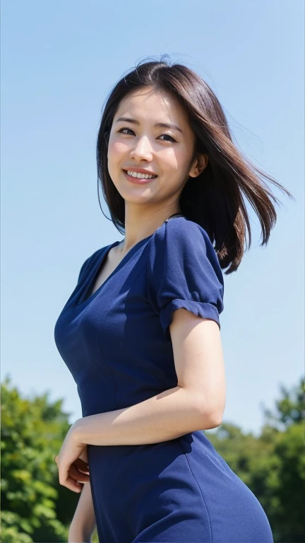 ((Highest quality、8K、masterpiece:1.3))、Photorealistic, Sharp focus, high resolution, High resolution,Portraiture, One person、Japanese、woman, beautiful woman, ((( Sky Blue Dress)))、30 years old, plump, Medium Long Hair,smile