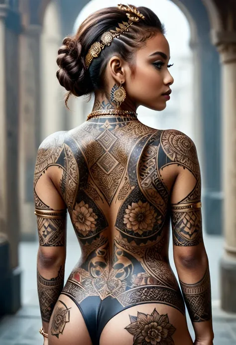 A captivating portrait of a boldly adorned young woman showcasing an intricate full-back tattoo
dvr-frft