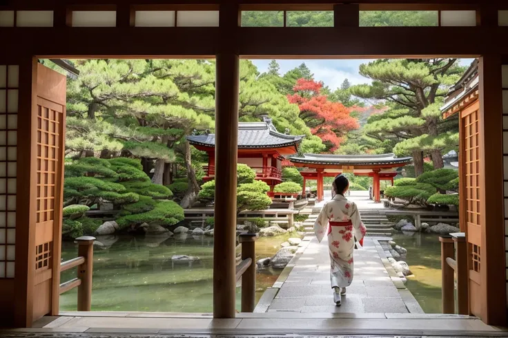 A stone-paved corridor with waterways on both sides inside a Kyoto temple、Back view of a woman wearing a white kimono with a floral pattern walking along the approach to a shrine with red torii gates、Pine trees and trees with autumn leaves々I can see