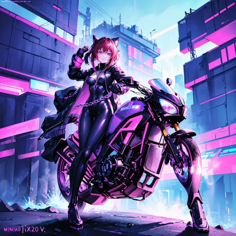 He transports me to a cyberpunk world full of mystery and futurism. I imagine this anime girl on her cyberpunk motorcycle, surrounded by neon lights in a night city. His purple and black suit., The shiny chains and her red hair create an intriguing image.....