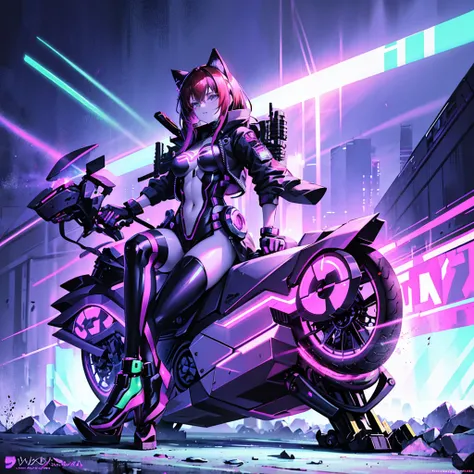 He transports me to a cyberpunk world full of mystery and futurism. I imagine this anime girl on her cyberpunk motorcycle, surrounded by neon lights in a night city. His purple and black suit., The shiny chains and her red hair create an intriguing image.....