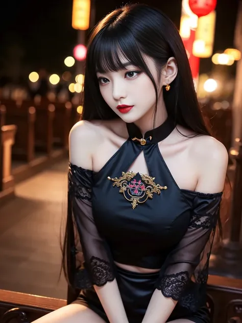 tra-detailed、Japanese、attractive beauty、seductive adult woman、pretty woman、piercing eyes、cool girl、wavy hair、swept bangs、Long Black and Gold Cheongsam、wide sleeves、Evil cadres、evil depravity、brainwash、mind control、lipstick、lip gloss、dark makeup、smirk、whisp...