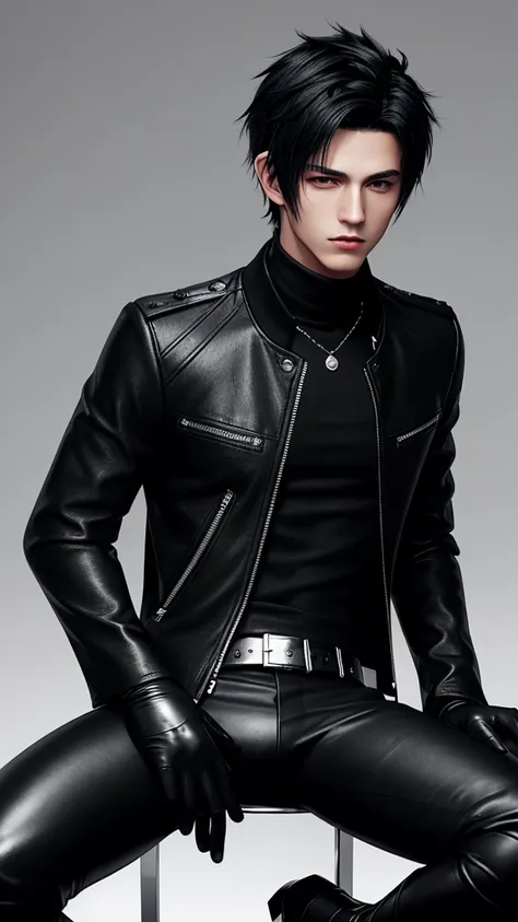 Final fantasy taste and reality graphics, Japanese young cute and cool ikemen  boy, his age is early 20s, thin eyebrows and beady eyes,  he wearing off black color leather thick singlebrest biker jacket, with epaulet,  must close the front of the leather j...