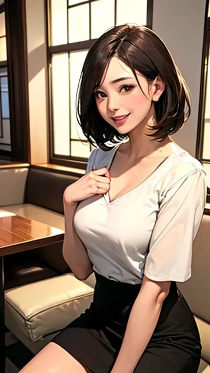 1 Woman, Japanese Woman,(Housewife:1.5),(40 Years Old:1.68),(Attractive Mature Woman:1.66),(Middle Age:1.78),(small breasts:1.2),((graduated haircut)),Casual, simple blouse,V-neckline,knee-length skirt, blouse in bright colors,pastel shades,(((cafe interio...