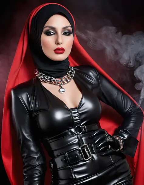 Very thin. Naked sexy model. in bdsm style. Latex hijab. Shiny steel bracelets on top of black gloves. and Shiny steel bracelet necklaces are on her wrists. She wears a leather harness over her head and face. Leather garters on his feet.. Red, thick smoke ...