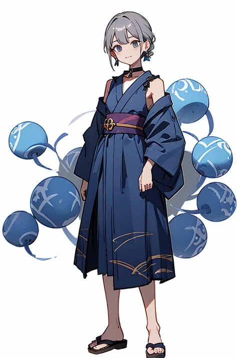 Blue Yukata、Gray Hair、Mischievous face、Choker on neck、Big earrings、Arms crossed、Only the mouth is smiling、Straw sandals、Choker on right leg、Shoulders are out(whole body、Are standing、、White background)