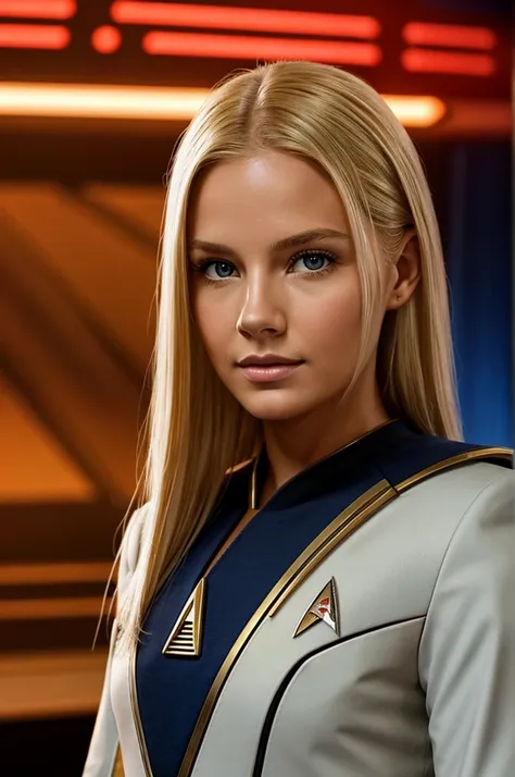 young woman, dirty blonde hair, soft smile, sharp angular features, sci fi spaceship background, red star trek uniform, facing off camera, photo