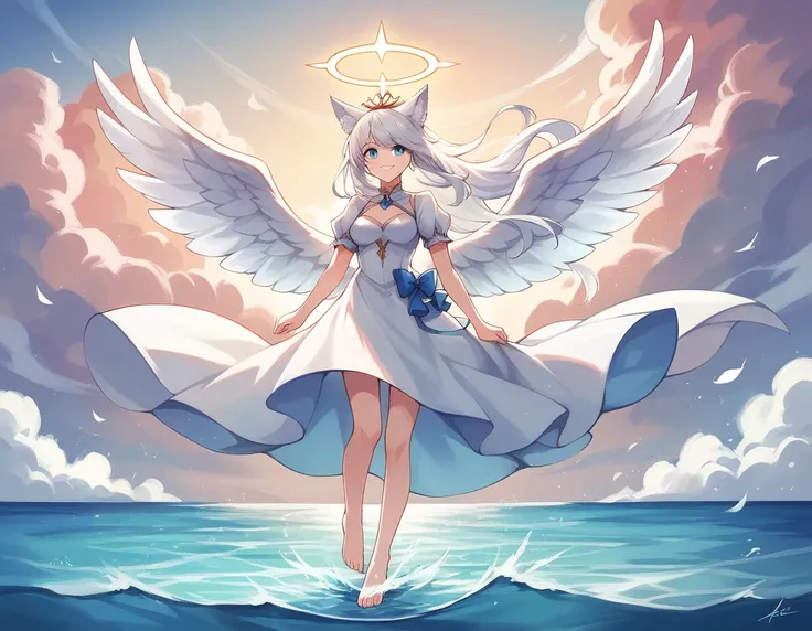 (masterpiece, best_quality:1.2), by rella, 1girl, solo, blue eyes, white dress, tiara, white hair, bangs, long hair, medium breasts, angel wings, feathered wings, puffy short sleeves, fox ears, smile, standing, outdoors, sky, barefoot, cloud, water, floati...