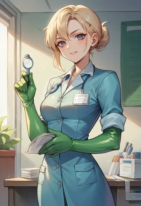 1girl, light hair, ((green elbow gloves)), ((surgical gloves)), ((latex gloves)), ((long sleeves)) ((blue surgeon outfit)), looking at viewer, ((doctor)), standing, solo