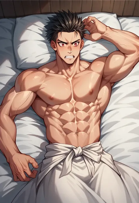 draw a Black  spiked hair, red eyes man waking up from a nightmare in a makeshift bed, scared, shirtless. medium muscles. medieval anime style

