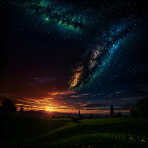 "Generate a stunning and realistic image of a starry night with a wide grassy landscape. In the distance, depict a magnificent Middle Ages German kingdom with tall spires, stone walls, and traditional German medieval architecture. Ensure the textures are h...