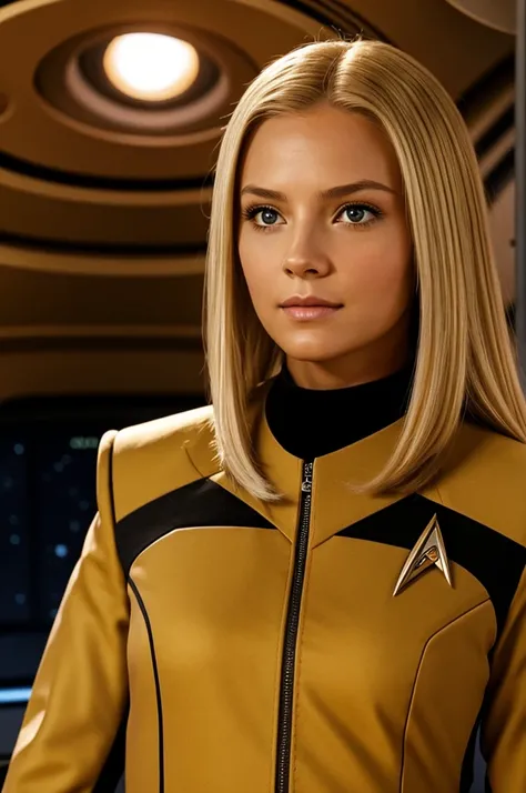 young woman, dirty blonde hair, soft smile, sharp angular features, sci fi spaceship background, red star trek uniform, facing off camera, photo