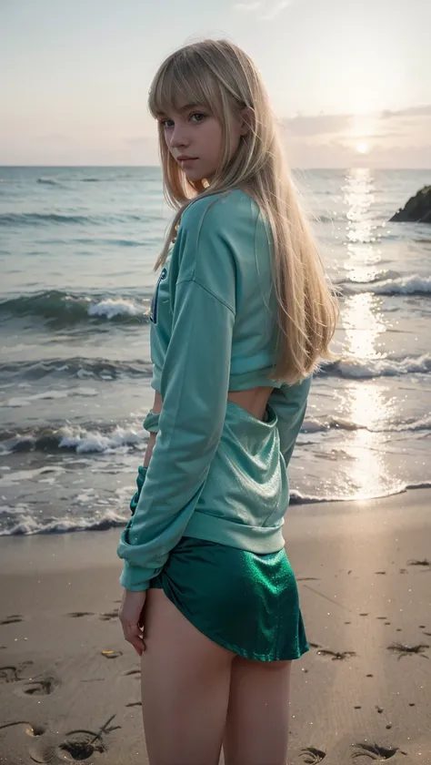 Pale blonde teenage girl with bangs, shiny silky hair, and blue-green eyes with a long green sweatshirt and a mini skirt taking a photo on the beach at night with a flash from the rear camera