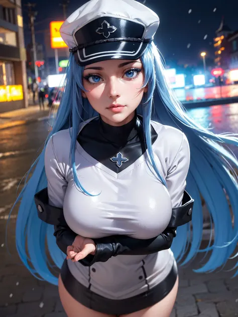 a girl with long blue hair, blue eyes, blue eyelashes, big breasts, white sweatshirt with a hat, walking, upset, on a street in Russia, snowing heavily, at night, (best quality,4k,8k,highres,masterpiece:1.2),ultra-detailed,(realistic,photorealistic,photo-r...