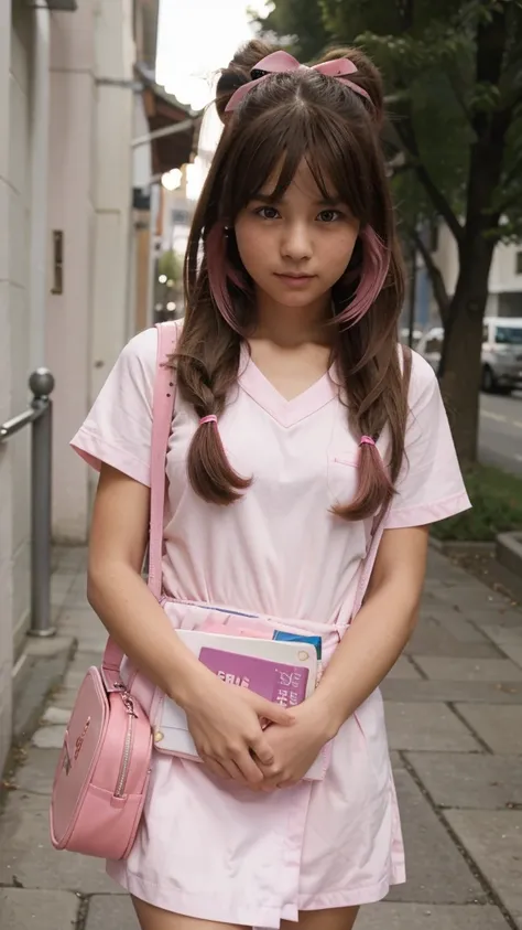 Girl wearing . And bring a book. Pink school bag. Her hair uses ribbons. full HD. Realistic