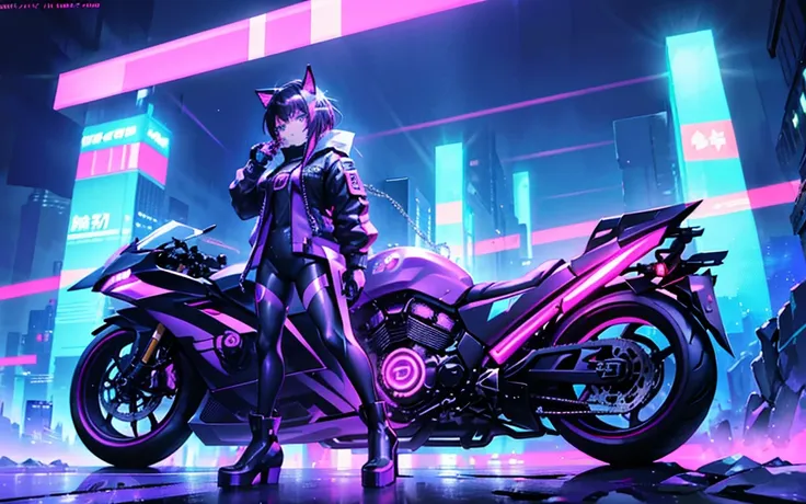 He transports me to a cyberpunk world full of mystery and futurism. I imagine this anime girl on her cyberpunk motorcycle, surrounded by neon lights in a night city. His purple and black suit., The shiny chains and her red hair create an intriguing image.....