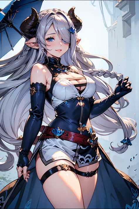 (((1 woman))), ((detailed blue eyes)), ((long silver hair)), large breasts, perfectly drawn body, narmaya, seductive smile, miniskirt, best quality, masterpiece, ultra-detailed