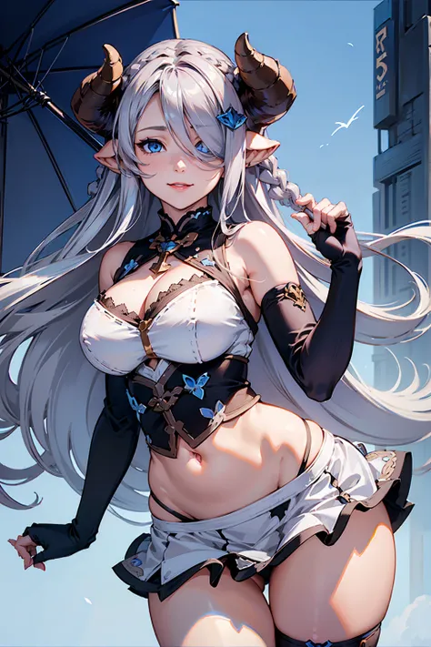 (((1 woman))), ((detailed blue eyes)), ((long silver hair)), large breasts, perfectly drawn body, narmaya, seductive smile, miniskirt, best quality, masterpiece, ultra-detailed