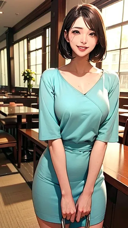 1 Woman, Japanese Woman,(Housewife:1.5),(40 Years Old:1.68),(Attractive Mature Woman:1.66),(Middle Age:1.78),(small breasts:1.2),((graduated haircut)),Casual, simple blouse,V-neckline,knee-length skirt, blouse in bright colors,pastel shades,(((cafe interio...