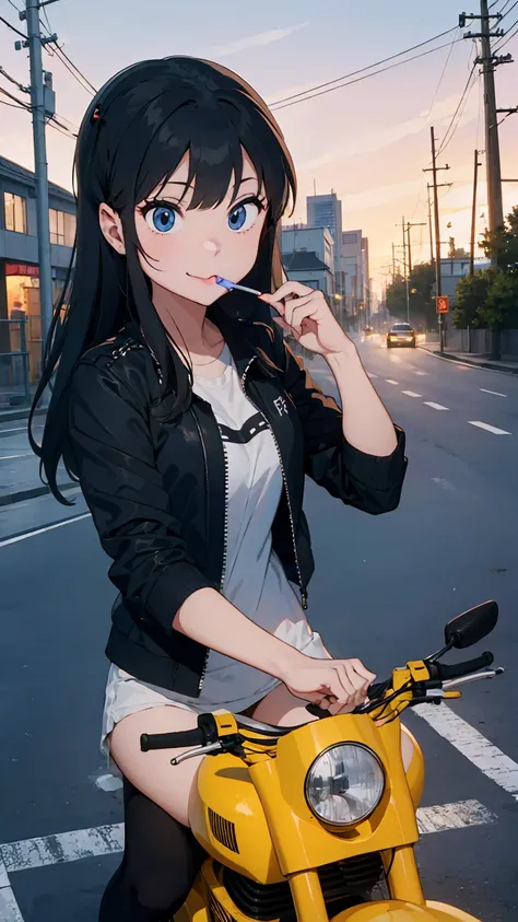 (score_9, score_8_up, score_7_up), 1girl, 独奏, Lum, drives a motorcycle, Sitting on a motorcycle, rides a motorcycle, no helmet, In a leather jacket, hair fluttering, on the overpass, neon city lights, left hand on the steering wheel, right hand holds a lol...