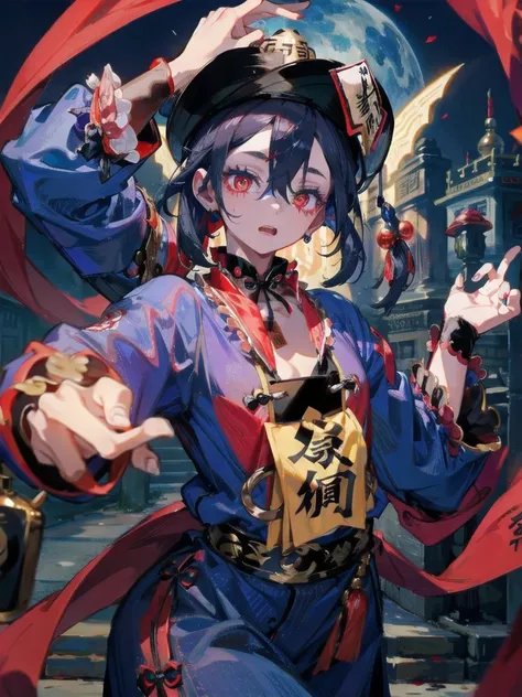 absurderes, ultra-detailliert, Delicate beautiful face,(jiangshi:1.4), (Spells with red letters on yellow),mid night,Dark scenery,Stretch your hands forward,Blue manicure,(double tooth),Cemetery at night